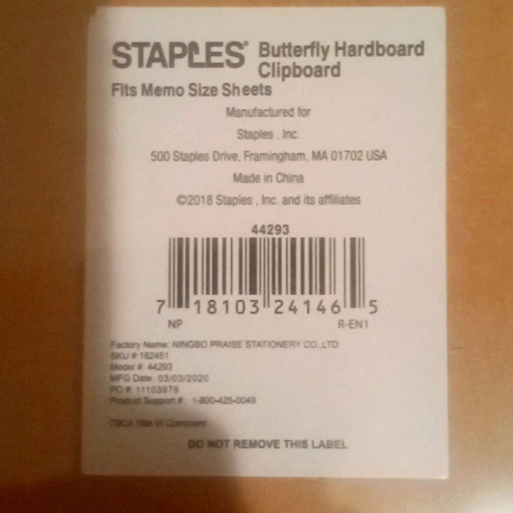 NIB Butterfly Hardboard Clipboard